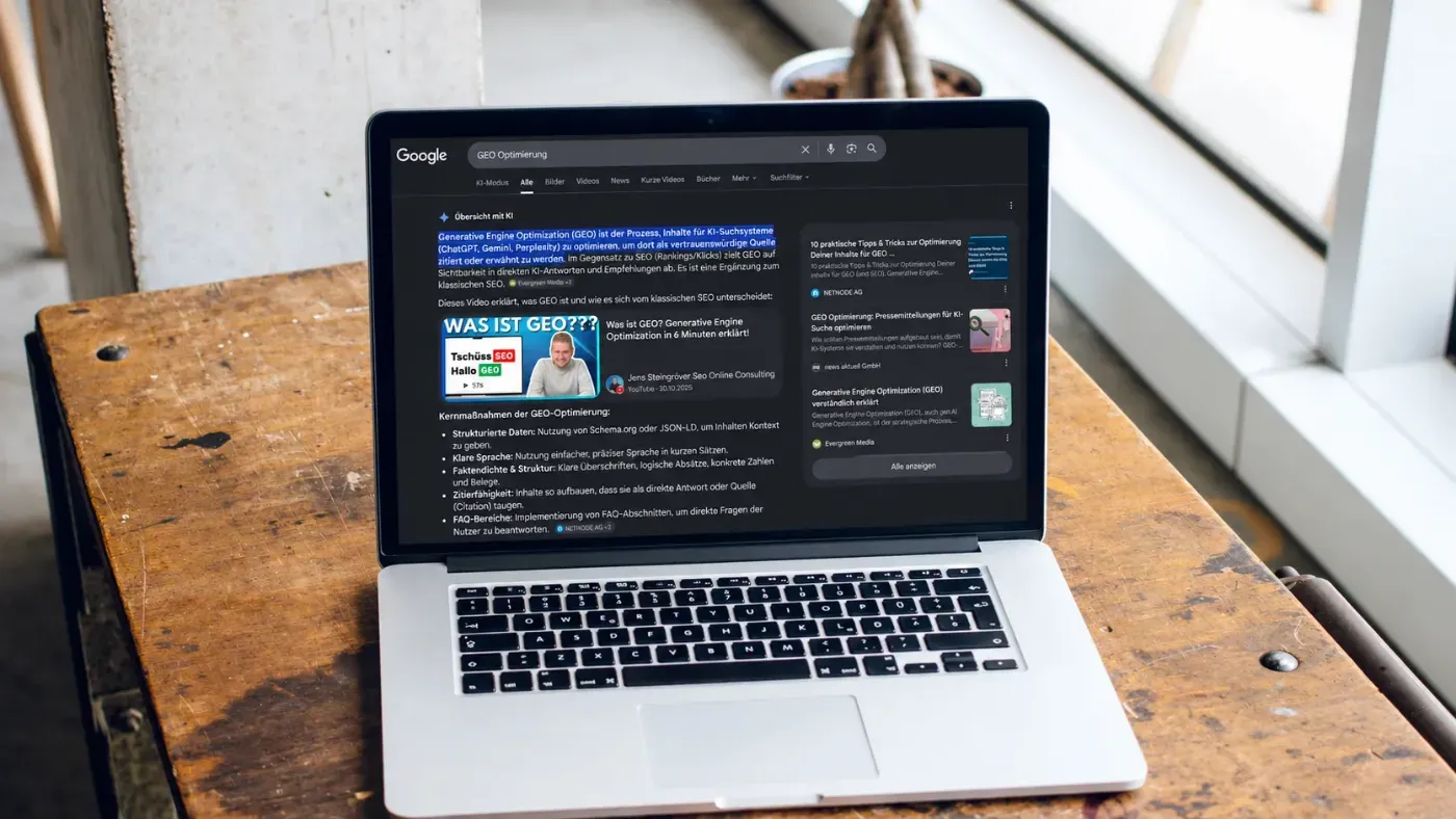 GEO- und SEO-Optimierung: Google-Suche mit KI-Übersicht auf dem Laptop
