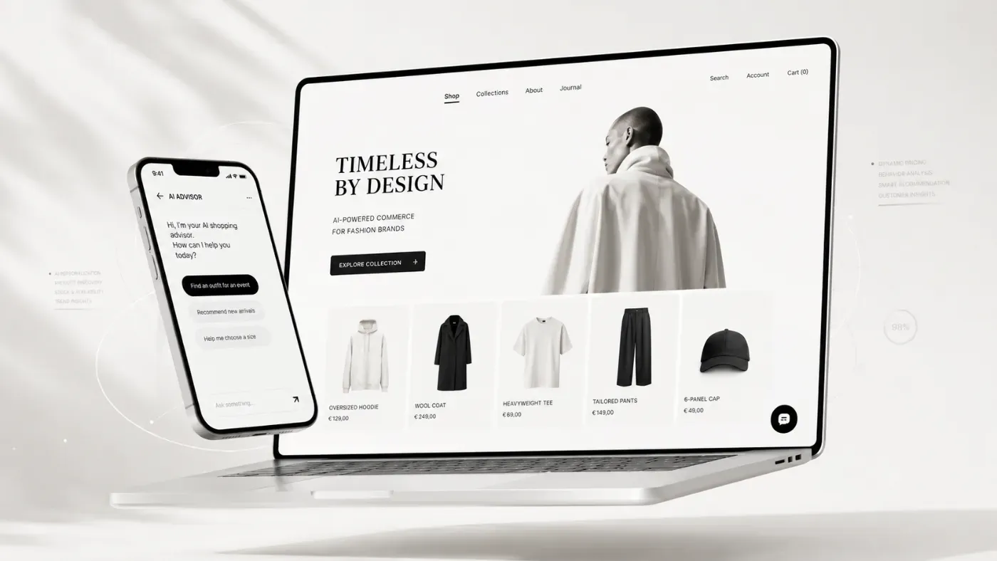 KI-Services: KI-Shopping-Assistent und Fashion-Onlineshop auf Smartphone und Laptop